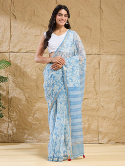 Fabindia - Blue Cotton Silk Floral Hand Block Printed Saree Without Blouse Piece