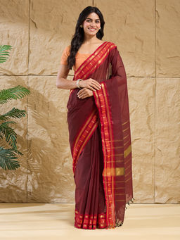 Fabindia - Brown Cotton Blend Woven Saree Without Blouse Piece