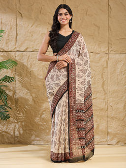 Fabindia - Beige Viscose Bagru Floral Printed Saree Without Blouse Piece