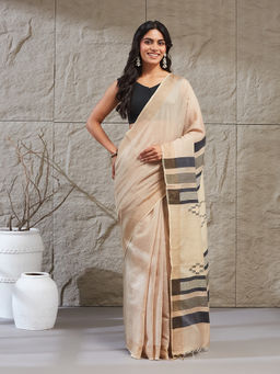 Fabindia - Beige Silk Hand Woven Saree Without Blouse Piece