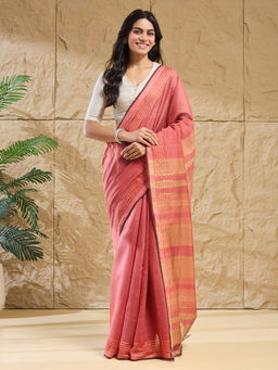 Fabindia - Pink Silk Hand Woven Saree Without Blouse Piece