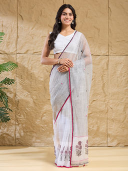Fabindia - Grey Cotton Silk Floral Hand Embroidery Saree Without Blouse Piece