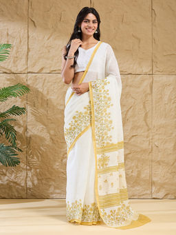 Fabindia - Off White Floral Hand Block Printed Saree Without Blouse Piece