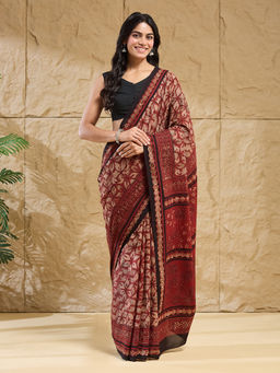 Fabindia - Maroon Cotton Hand Block Print Saree Without Blouse Piece