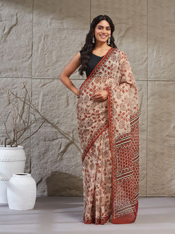 Fabindia - Beige Cotton Silk Bagru Floral Printed Saree Without Blouse Piece