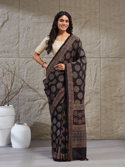 Fabindia - Black Cotton Silk Ajrakh Printed Saree Without Blouse Piece