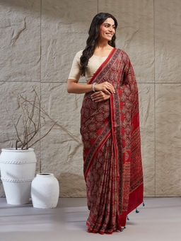 Fabindia - Red Viscose Blend Ajrakh Printed Saree Without Blouse Piece