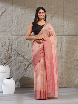 Fabindia - Peach Floral Hand Block Printed Saree Without Blouse Piece