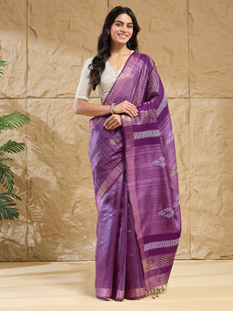 Fabindia - Purple Silk Blend Hand Woven Saree Without Blouse Piece