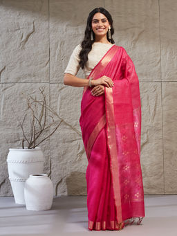 Fabindia - Pink Silk Blend Woven Banarsi Saree Without Blouse Piece