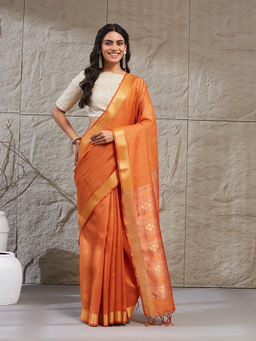 Fabindia - Orange Silk Blend Woven Banarsi Saree Without Blouse Piece