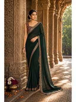 AMRUTKALA SAREES - Green Designer Georgette Solid Lace Work Saree with Unstitched Blouse