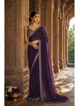 AMRUTKALA SAREES - Purple Designer Georgette Solid Lace Work Saree with Unstitched Blouse