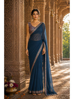 AMRUTKALA SAREES - Navy Blue Designer Georgette Solid Lace Work Saree with Unstitched Blouse