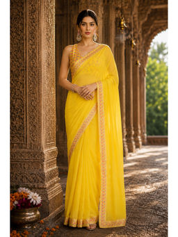 AMRUTKALA SAREES - Yellow Designer Georgette Solid Lace Work Saree with Unstitched Blouse
