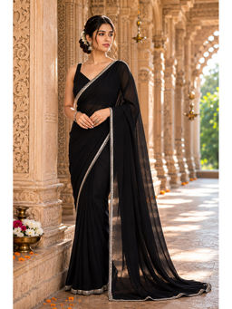 AMRUTKALA SAREES - Black Designer Georgette Solid Lace Work Saree with Unstitched Blouse