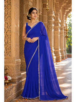 AMRUTKALA SAREES - Royal Blue Designer Georgette Solid Lace Work Saree with Unstitched Blouse
