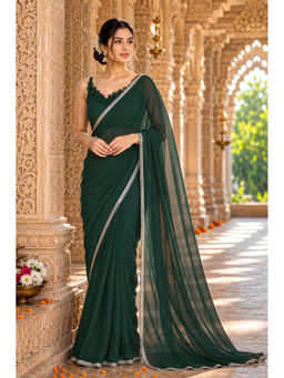 AMRUTKALA SAREES - Green Designer Georgette Solid Lace Work Saree with Unstitched Blouse