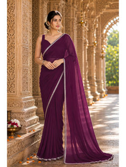 AMRUTKALA SAREES - Wine Designer Georgette Solid Lace Work Saree with Unstitched Blouse