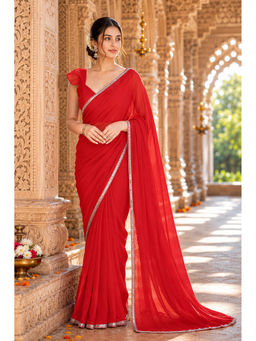 AMRUTKALA SAREES - Red Designer Georgette Solid Lace Work Saree with Unstitched Blouse