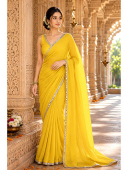 AMRUTKALA SAREES - Yellow Designer Georgette Solid Lace Work Saree with Unstitched Blouse