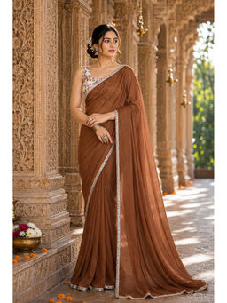 AMRUTKALA SAREES - Brown Designer Georgette Solid Lace Work Saree with Unstitched Blouse