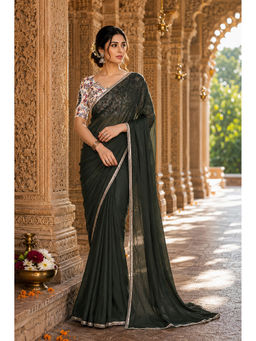 AMRUTKALA SAREES - Dark Green Designer Georgette Solid Lace Work Saree with Unstitched Blouse