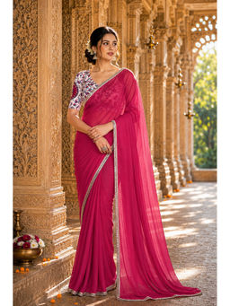 AMRUTKALA SAREES - Pink Designer Georgette Solid Lace Work Saree with Unstitched Blouse