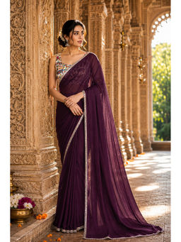 AMRUTKALA SAREES - Purple Designer Georgette Solid Lace Work Saree with Unstitched Blouse