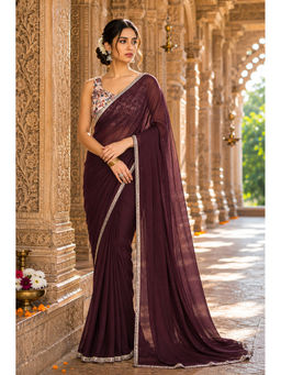 AMRUTKALA SAREES - Wine Designer Georgette Solid Lace Work Saree with Unstitched Blouse