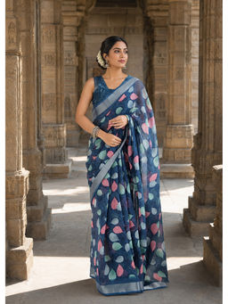 AMRUTKALA SAREES - Blue Designer Silk Leaf Printed Saree with Unstitched Blouse