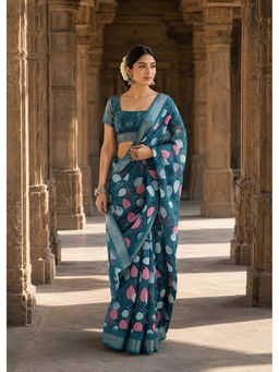 AMRUTKALA SAREES - Teal Designer Silk Printed Saree with Unstitched Blouse