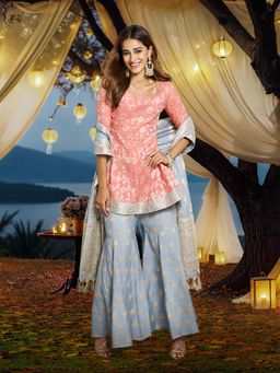 Aurelia - Women Pink Woven Kurta with Sharara and Dupatta