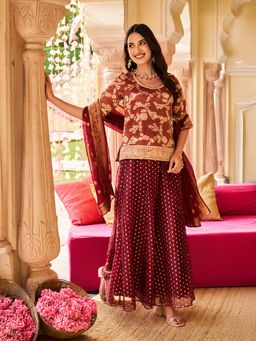 Aurelia - Women's Maroon Dyed Printed Jacquard Kurti with Palazzo & Dupatta