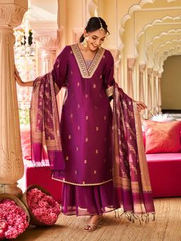 Aurelia - Women's Purple Embroidery Chanderi Jacquard A-Line Kurta with Palazzo & Dupatta