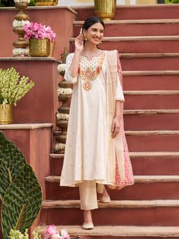 Aurelia - Women's White Zari Embroidered A-Line Kurta with Pant & Dupatta