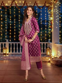 Aurelia - Purple Embroidered Kurta with Palazzo and Dupatta