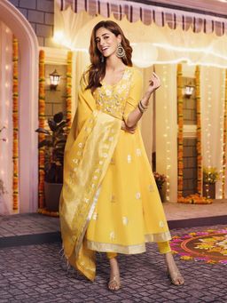 Aurelia - Yellow Embroidered Anarkali Kurta with Leggings and Dupatta