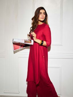 Aurelia - Womens Red Solid Straight Kurta with Palazzo