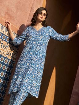 Aurelia - Blue Floral Printed Straight Kurta and Pant
