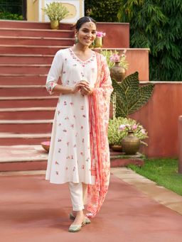 Aurelia - Women Off White Floral Sequined Kurta with Pant and Dupatta