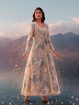 WISHFUL by W - Beige Floral Anarkali Dress with Jacket