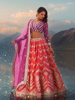 WISHFUL by W - Purple Woven Blouse with Lehenga and Dupatta