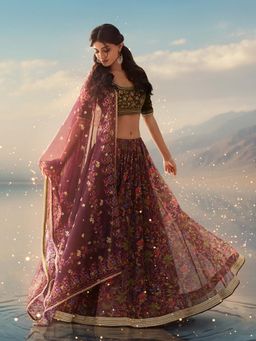 WISHFUL by W - Green Floral Blouse with Lehenga and Dupatta