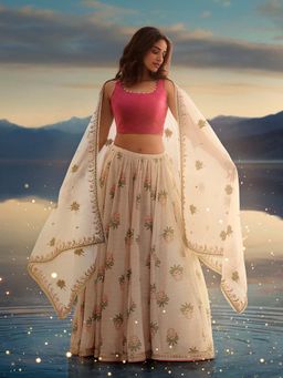 WISHFUL by W - Pink Printed Blouse with Lehenga and Dupatta