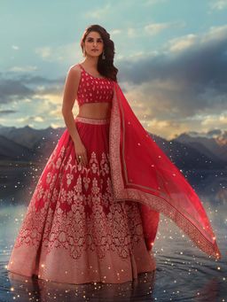 WISHFUL by W - Red Woven Blouse with Lehenga and Dupatta