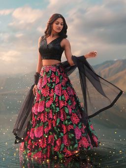 WISHFUL by W - Women Black Embellished Choli With Lehenga & Dupatta