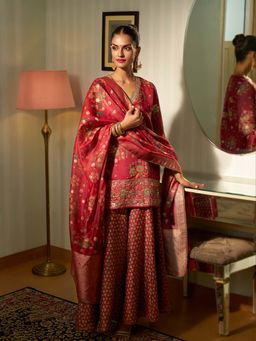 W - Red Embroidered Straight Kurta with Sharara and Dupatta