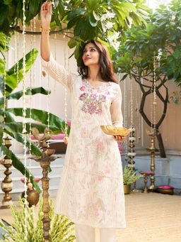 W - Off-White Embroidered Straight Tissue Kurta with Inner Sole and Pant