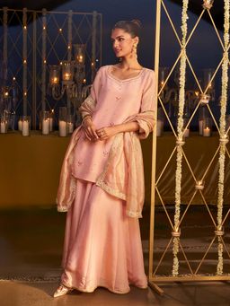 W - Pink Embroidered Kurta Sharara and Dupatta